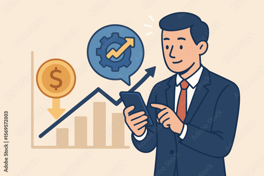 Productivity growth and cost reduction concept. Businessman using smartphone for efficiency management. Lean business, industrial productivity, financial analytics, process optimization Productivity growth and cost reduction concept. Businessman using smartphone for efficiency management. Lean business, industrial productivity, financial analytics, process optimization