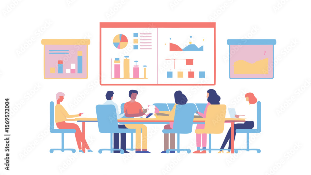 People are sitting around a table in a meeting with charts and graphs on the wall behind them People are sitting around a table in a meeting with charts and graphs on the wall behind them
