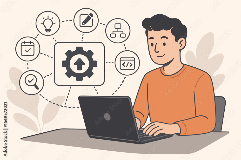 Release management software development concept. Workflow planning, design, scheduling, testing, deployment, control. Project management, coding, teamwork, productivity, technology Release management software development concept. Workflow planning, design, scheduling, testing, deployment, control. Project management, coding, teamwork, productivity, technology