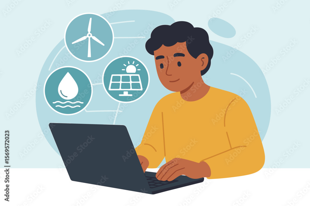 Renewable energy sources concept. Person using laptop with wind turbine, solar panel, water drop icons. Alternative energy, sustainability, eco technology, green innovation vector Renewable energy sources concept. Person using laptop with wind turbine, solar panel, water drop icons. Alternative energy, sustainability, eco technology, green innovation vector