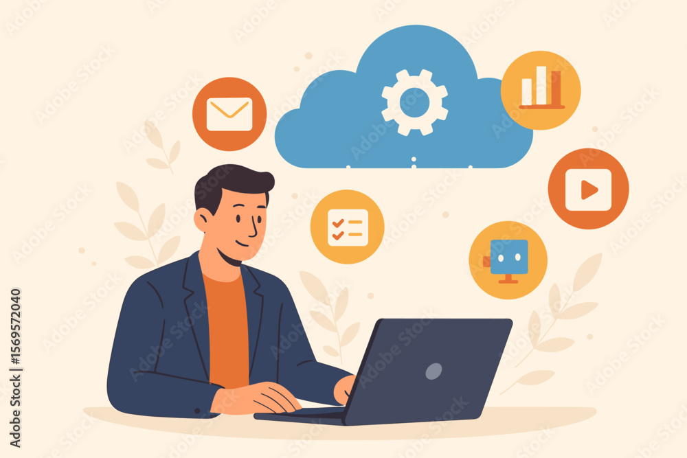 SaaS software as a service cloud computing concept. Businessman using laptop with internet technology icons. Cloud storage, data analytics, email, video, workflow, digital services SaaS software as a service cloud computing concept. Businessman using laptop with internet technology icons. Cloud storage, data analytics, email, video, workflow, digital services