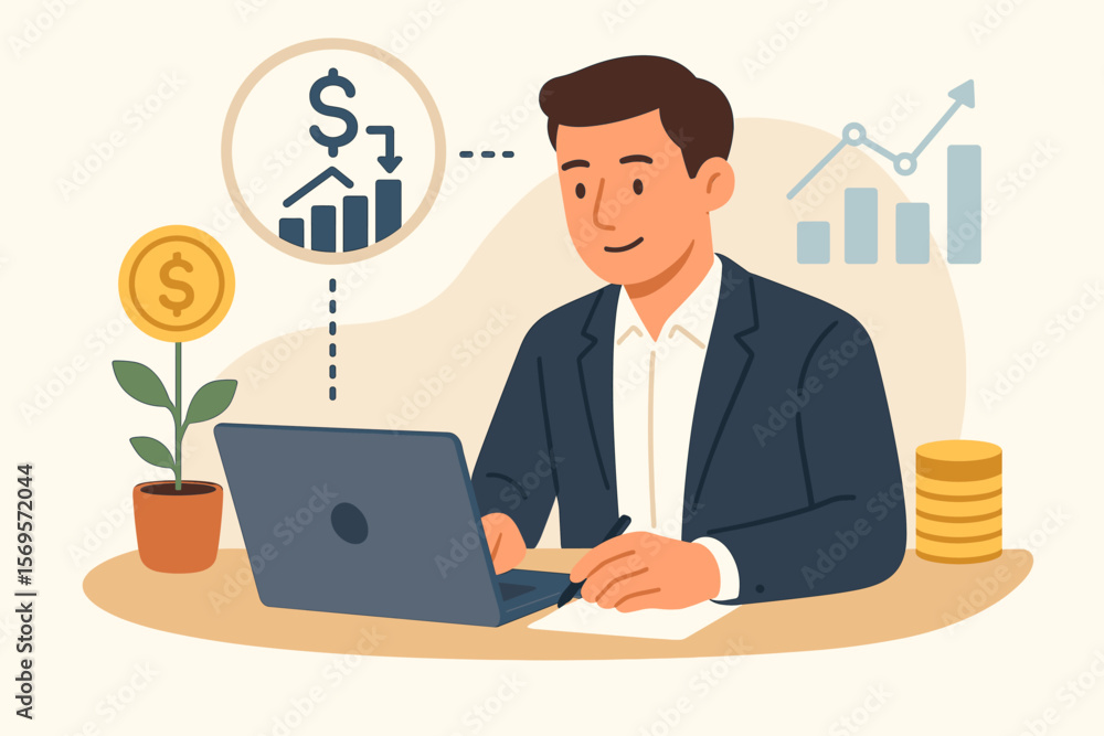 Revenue management, financial analysis, investment growth, business strategy, sales statistics, profit planning, businessman at laptop, money savings, economic success concept Revenue management, financial analysis, investment growth, business strategy, sales statistics, profit planning, businessman at laptop, money savings, economic success concept