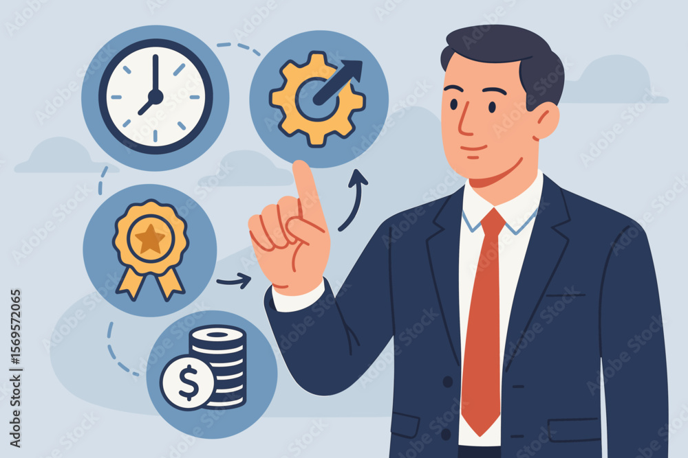 Business Performance Management Concept. Businessman Touching Virtual Icons Representing Quality, Speed, Efficiency, Cost Control, Productivity, Financial Growth, Success Business Performance Management Concept. Businessman Touching Virtual Icons Representing Quality, Speed, Efficiency, Cost Control, Productivity, Financial Growth, Success