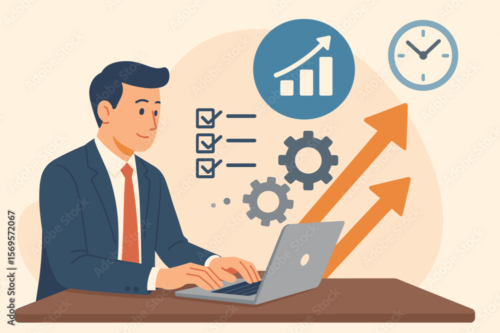 Business productivity improvement process concept. Businessman using laptop, efficiency checklist, workflow optimization, time management, growth, gears, arrows, modern flat vector Business productivity improvement process concept. Businessman using laptop, efficiency checklist, workflow optimization, time management, growth, gears, arrows, modern flat vector