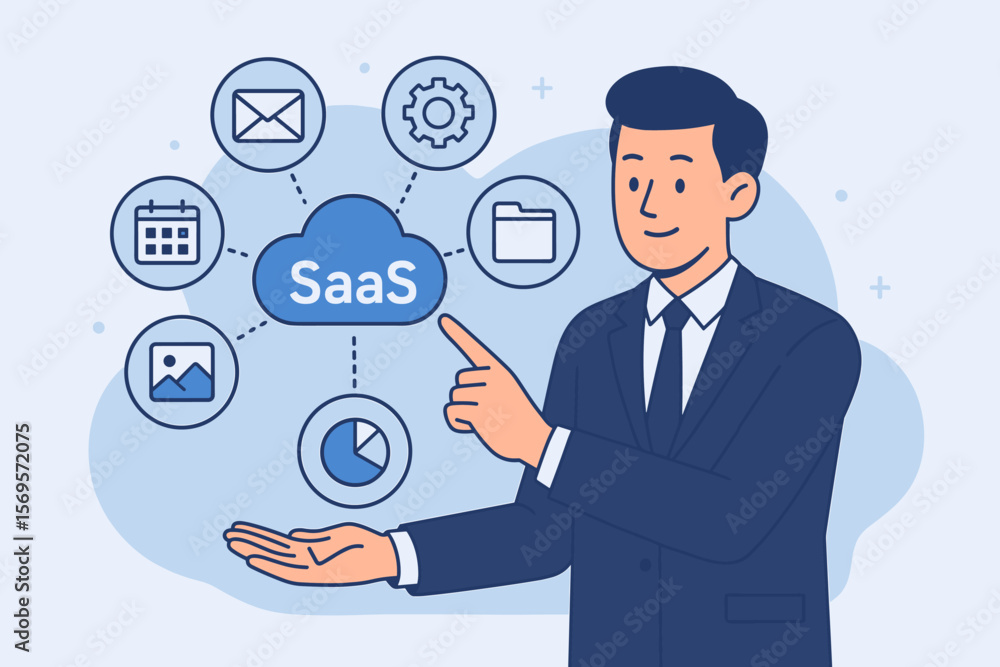 SaaS software as a service cloud computing concept. Businessman presenting virtual icons for email, calendar, analytics, storage, workflow, internet technology, online solutions SaaS software as a service cloud computing concept. Businessman presenting virtual icons for email, calendar, analytics, storage, workflow, internet technology, online solutions
