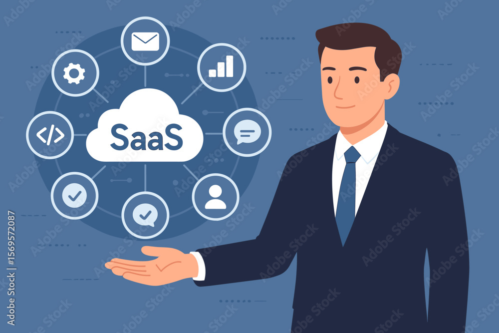 SaaS software as a service cloud computing concept. Businessman presenting virtual interface with SaaS icons for online software solutions, internet, networking, digital technology SaaS software as a service cloud computing concept. Businessman presenting virtual interface with SaaS icons for online software solutions, internet, networking, digital technology