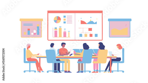 People are sitting around a table in a meeting with charts and graphs on the wall behind them