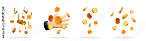 Hand reaching for falling gold coins and golden tokens in a 3d vector stock collection for financial success concepts.