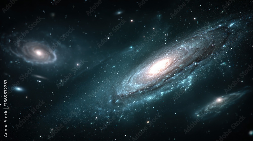 Fototapeta premium Cosmic Dance of Galaxies: A breathtaking view of spiral galaxies swirling in the vast expanse of space, their ethereal glow illuminating the dark cosmos.