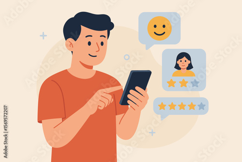 Customer feedback review experience concept. User giving rating on smartphone. Online review, satisfaction, star rating, feedback, opinion, testimonial, flat vector illustration