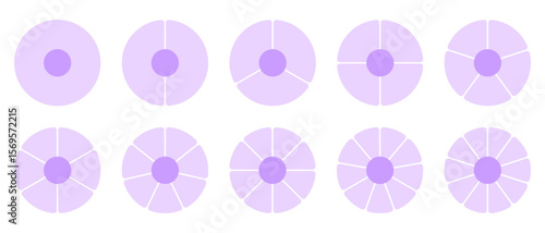 Set of pie charts divided into segments: 1,2, 3, 4, 5, 6, 7, 8, 9, 10. Vector illustration of structural diagram icons for mathematics, statistics, financial analysis, business on isolated background.