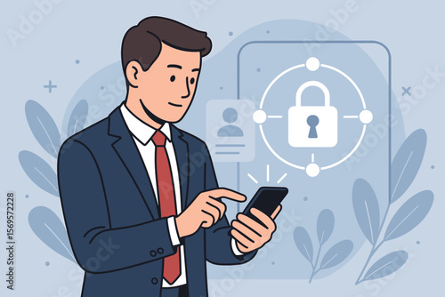 Access control and cybersecurity concept. Businessman using mobile smartphone for secure login and personal data protection. Privacy and user authentication with virtual padlock icon.