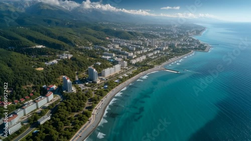 drone shot of Sochi’s Black Sea coastline with modern resorts and dramatic mountain backdrops, sunny and vibrant