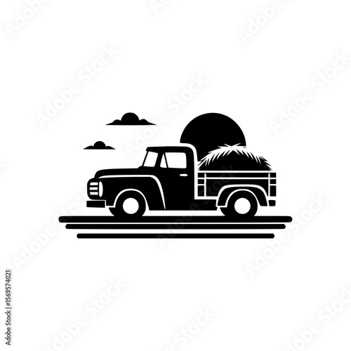 Vintage pickup truck carrying hay at sunset