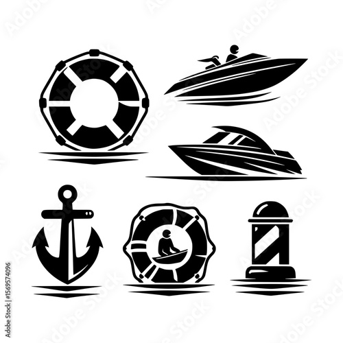 Nautical icons set boats anchor life preserver