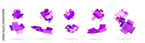 Purple 3d gift boxes opening and closing in various positions. Exploding mystery surprise gift for holiday events.