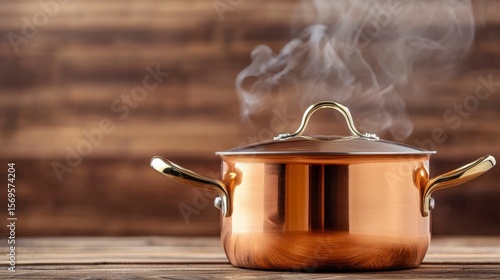Close Up of Shiny Copper Pot Steaming on Wood with Rustic Backdrop