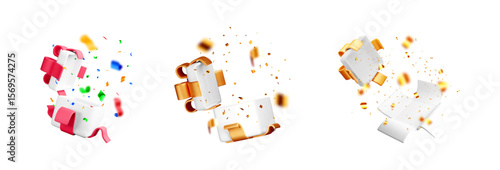 Three 3d gift boxes with open lids and confetti coming out. Holiday celebration and surprise concept for greeting card.