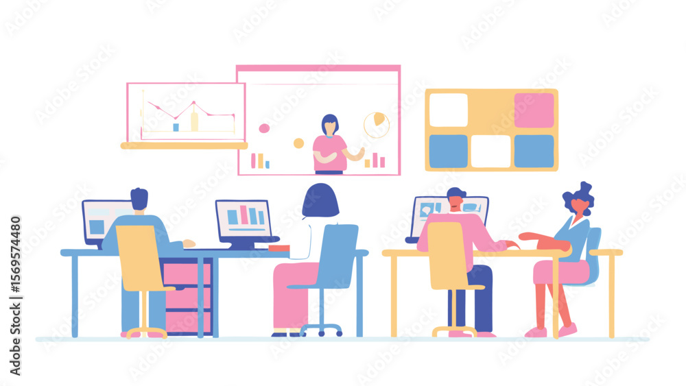 People working at desks with computers and a presentation screen in a brightly colored office space People working at desks with computers and a presentation screen in a brightly colored office space