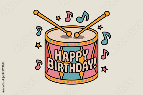 Festive birthday drum with sticks and musical notes suitable for party invitations, music events, and birthday celebration designs.