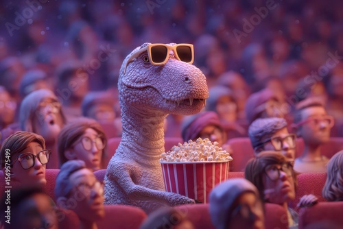 Dinosaur enjoys a movie with popcorn in a packed cinema filled with animated audience members wearing glasses