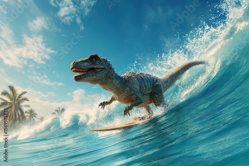Fototapeta Naklejka Na Ścianę i Meble -  Dinosaur rides a massive wave while surfing in a tropical paradise surrounded by palm trees under a bright sunny sky
