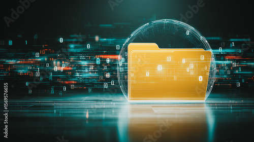 Digital data safeguard: a glowing gold file folder, safely encased within a luminous shield, representing data protection, set against a backdrop of abstract technological elements.