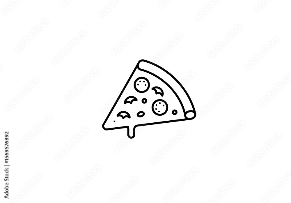 Isolated black and white line art illustration of a pizza slice with pepperoni and dripping cheese Isolated black and white line art illustration of a pizza slice with pepperoni and dripping cheese