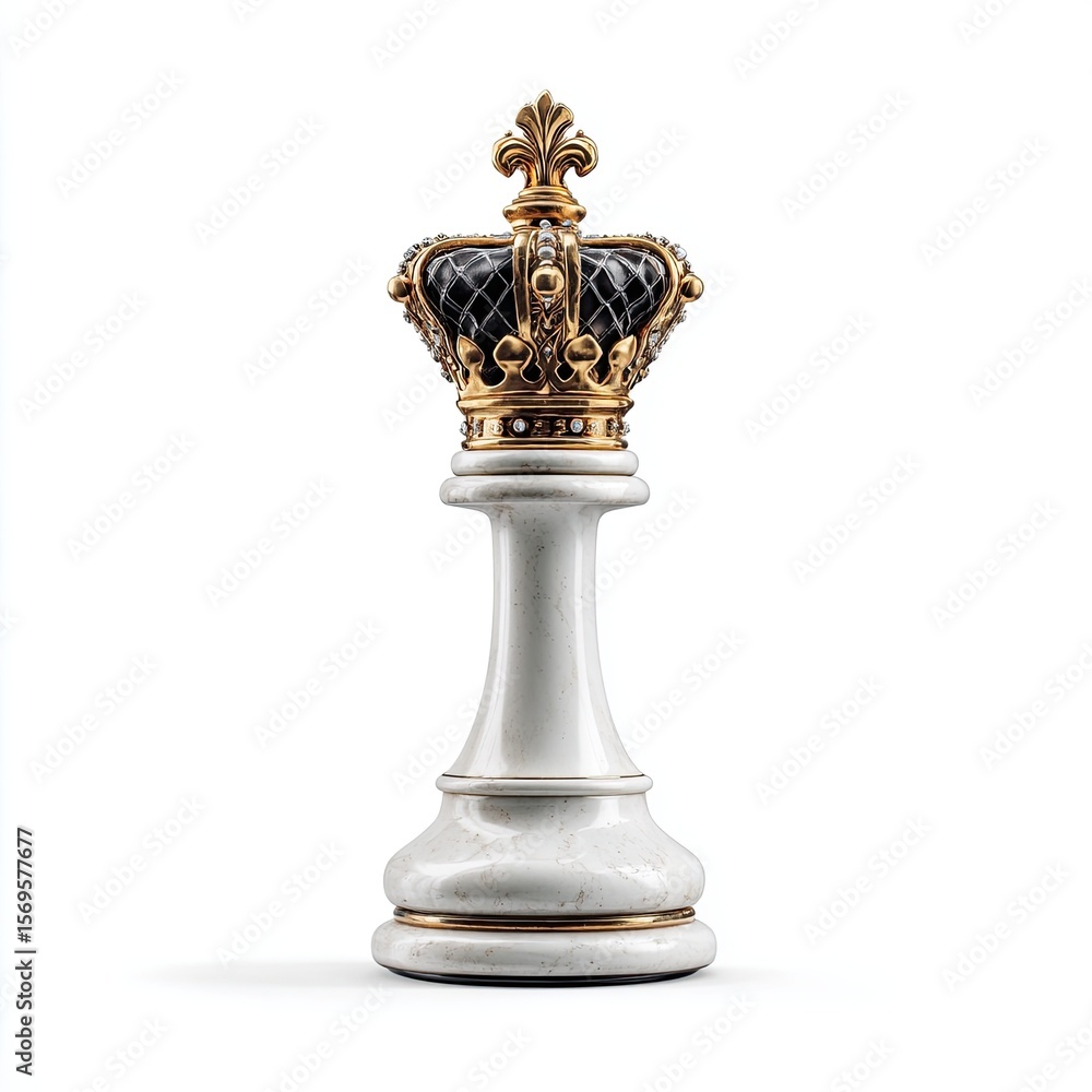 Fototapeta premium Elegant marble chess queen with royal gold crown isolated on white background, luxury strategy concept