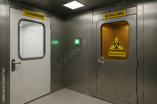 Wallpaper Mural Cleanroom entrance labeled Biohazard with safety signs and secured stainless steel door handles Torontodigital.ca