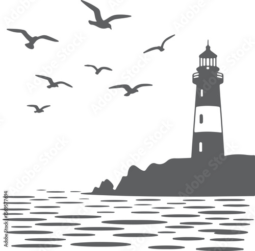 Grey Silhouette Lighthouse Coastal Scene with Flying Seagulls over Grey Ocean Water Simple Graphic Design