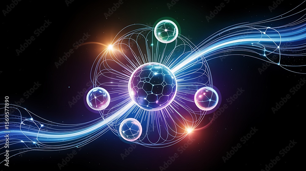 Obraz premium Abstract futuristic quantum computing visualization with glowing spheres and interconnected lines on dark background