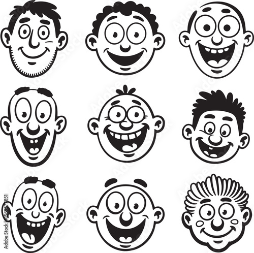 Wallpaper Mural Nine Black and White Cartoon Silhouettes of Happy Male Faces with Varying Hairstyles and Expressions Torontodigital.ca