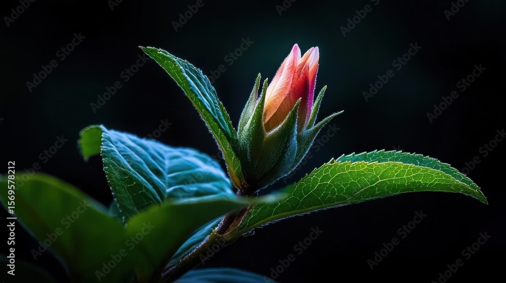 Obraz premium Close-up of a single flower bud on a plant. the bud is in the center of the image, with its petals slightly open and its stem and leaves visible.