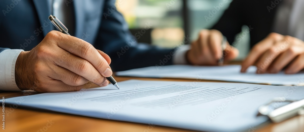 Two professionals finalize a formal agreement with precision and collaborative intent Two professionals finalize a formal agreement with precision and collaborative intent