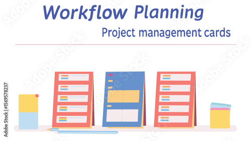 Workflow planning and project management cards on a shelf with sticky notes and a pen for organization