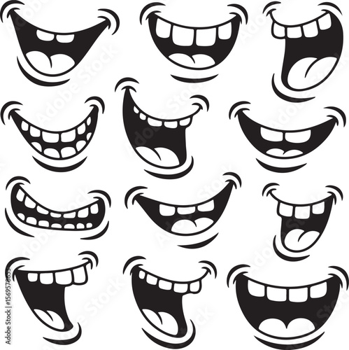 Twelve Black and White Cartoon Mouth Silhouettes Displaying Various Expressions Open Wide Grinning Smiling and Showing Teeth