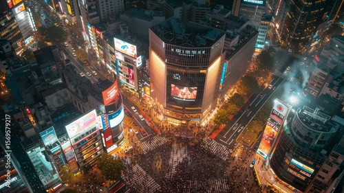 drone view of Shibuya Crossing in Tokyo at night with glowing neon signs and bustling crowds, cinematic urban energy