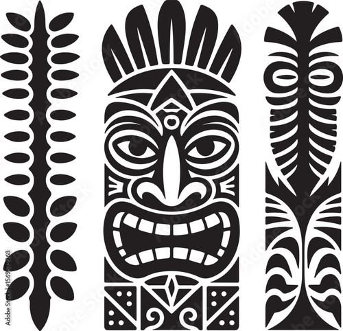 Black and White Tiki Mask Silhouette with Tribal Leaf and Totem Pole Designs Polynesian Tribal Art Graphic
