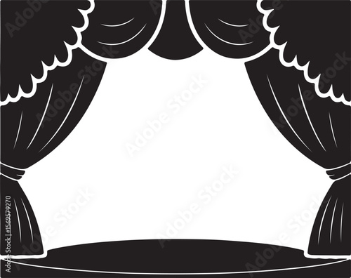 Black and White Silhouette Stage Curtains Draped Elegant Theater Stage Setting Empty Round Platform Simple Design Monochrome Illustration