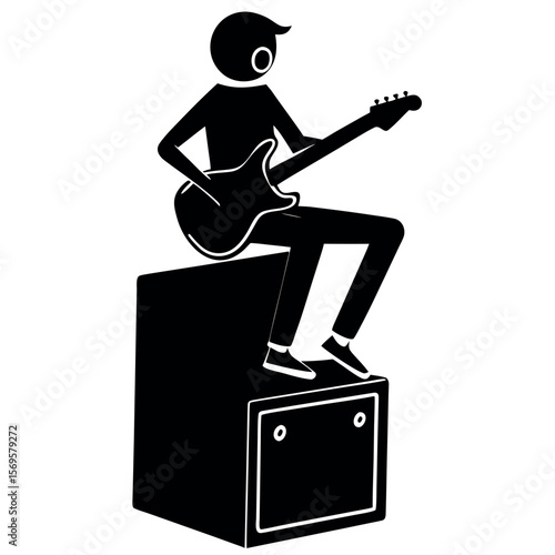 Black silhouette of a person playing guitar while sitting on an amplifier