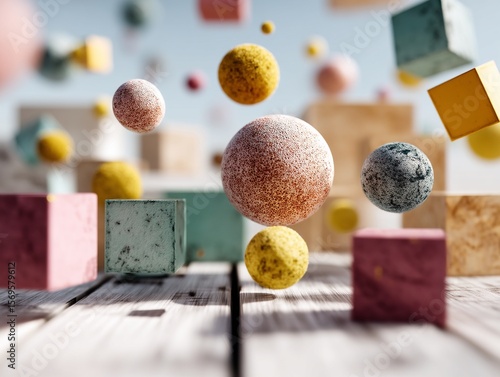 Wallpaper Mural A three-dimensional wallpaper made of various types of blocks and spheres. Generative AI
 Torontodigital.ca