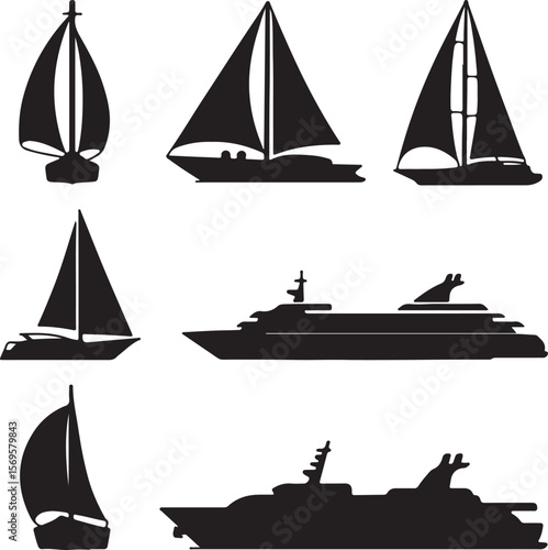 Collection of Black Silhouette Sailboats and Motor Yachts Various Sizes and Styles Nautical Transportation Icons