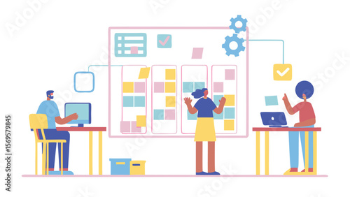 People collaborating on a project with a kanban board and computers in a modern office setting