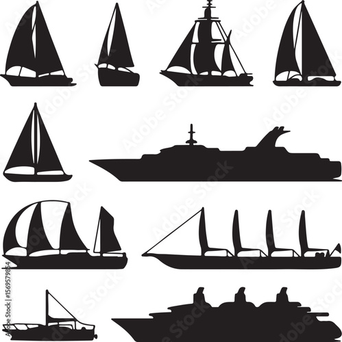 Collection of Black Silhouette Watercraft Illustrations Sailboats Yachts Motorboats and Ships Various Sizes and Styles Nautical Transportation