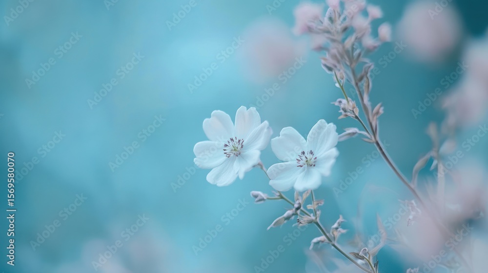 Ephemeral Whisper: Delicate white cosmos flowers against an ethereal turquoise backdrop Ephemeral Whisper: Delicate white cosmos flowers against an ethereal turquoise backdrop