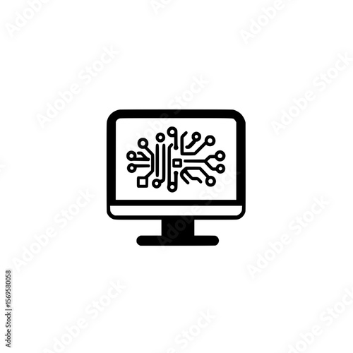 Vector Icon of Monitor Screen with Circuit Lines Representing Digital Technology or Data System