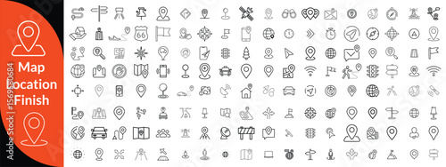 Maps, location and Navigation line editable icon set. Containing navigation, location, contains map with a pin, route map, navigator, direction and more. Vector illustration design 