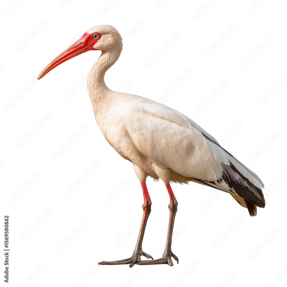 Fototapeta premium Majestic White Bird with Long Legs and Red Beak Standing Gracefully on a Transparent Background in Natural Pose transparent background