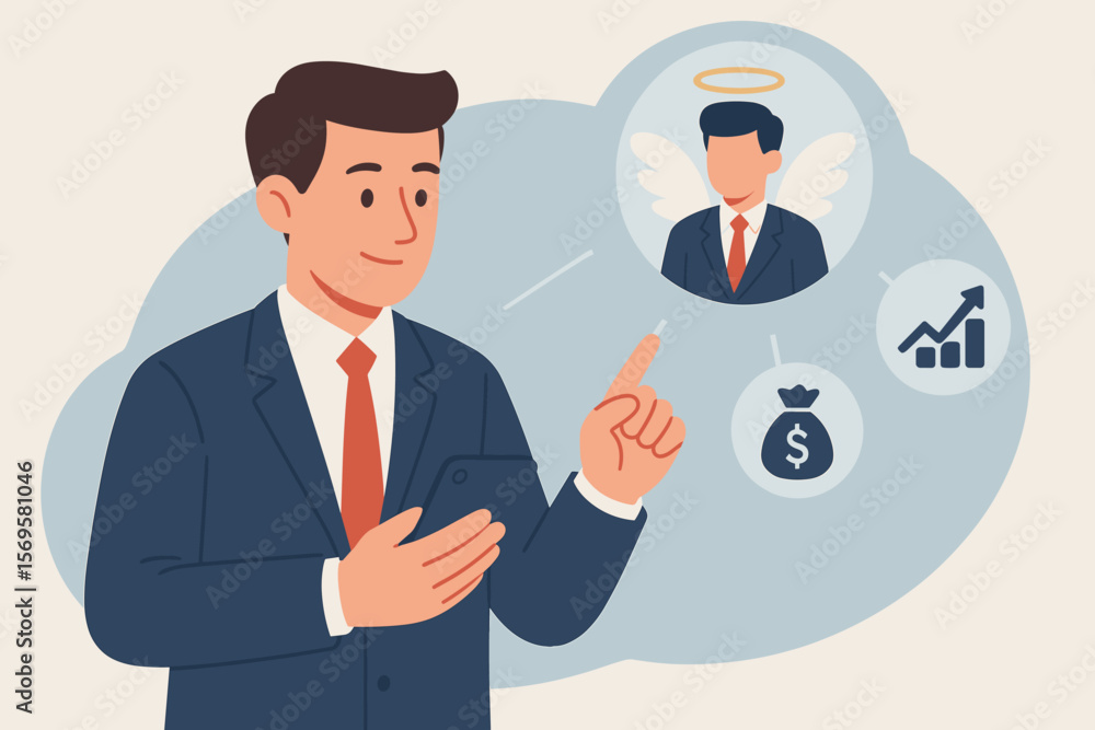 Angel investor concept. Entrepreneur uses smartphone to find business angel for startup funding. Informal investor, venture capital for growth. Investment & finance vector. Angel investor concept. Entrepreneur uses smartphone to find business angel for startup funding. Informal investor, venture capital for growth. Investment & finance vector.